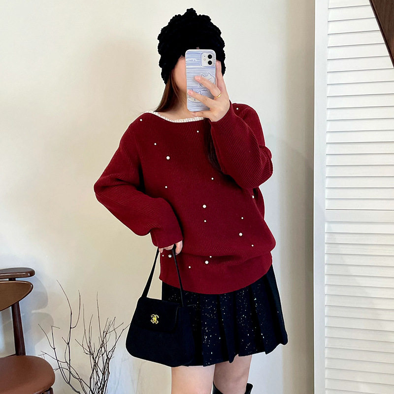 大码设计感露肩上衣女钉珠毛衣2025冬胖mm宽松慵懒按针织衫23507,女装/女士精品,毛针织衫,淘宝优惠券,粉丝福利购,淘宝优惠卷