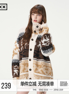 INXX明星同款 美式复古费尔岛毛衣开衫高领两穿羊毛针织宽松情侣