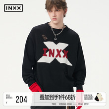 INXX潮牌手绘字母图案针织衫男破洞设计圆领套头毛衣女情侣