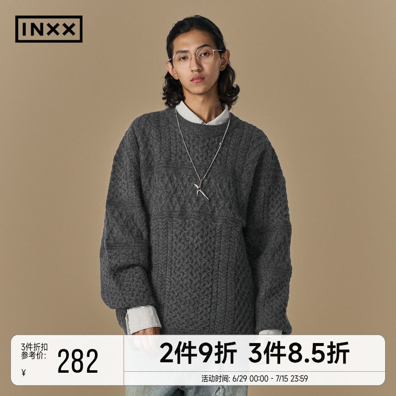 INXX经典圆领宽松麻花毛衣男女同款潮牌简约慵懒感保暖针织衫
