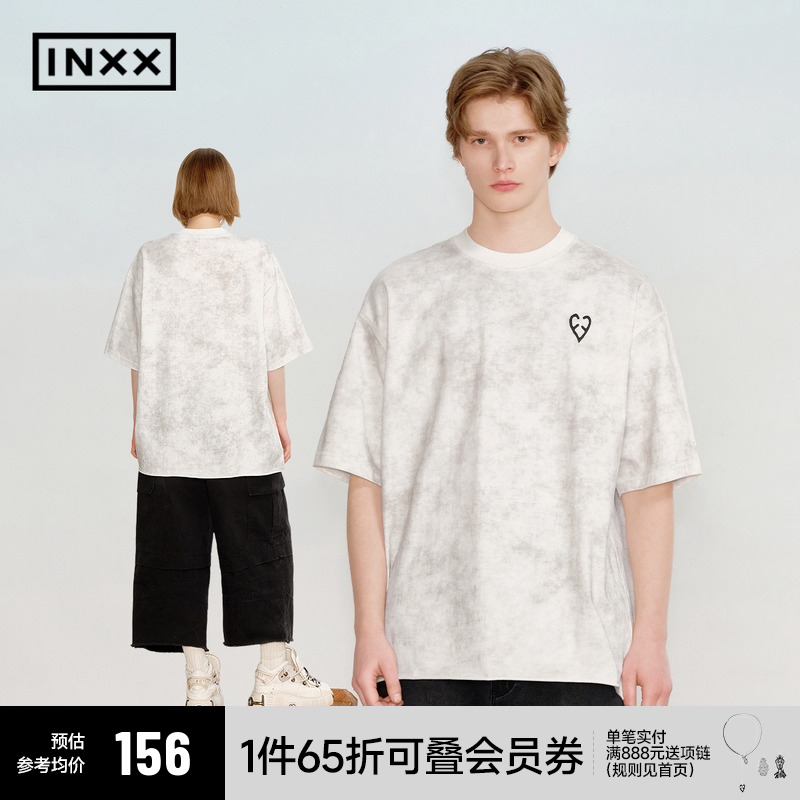 【INXX】复古斑驳感短袖男蜡染宽松休闲圆领T恤女潮牌五分袖上衣