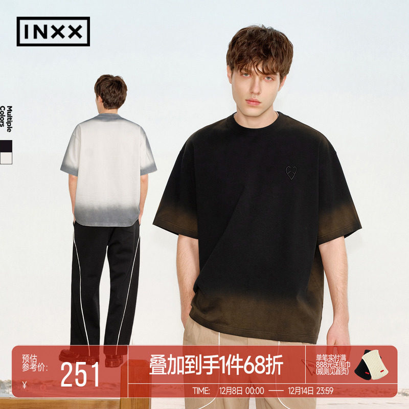 INXX仿旧渐变喷色短袖T恤男宽松设计感圆领上衣复古五分袖女