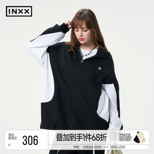 INXX复古校园感polo领套头卫衣男黑白撞色翻领上衣女情侣装