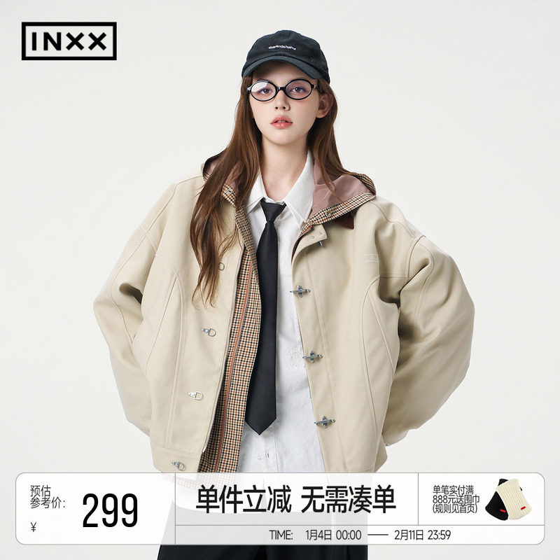 INXX休闲简约单排扣拼接撞色气质翻领夹克男短款工装感外套女,男装,夹克,淘宝优惠券,粉丝福利购,淘宝优惠卷