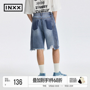 子 男假两件拼接宽松直筒五分裤 INXXAPYD 潮流街头感牛仔短裤