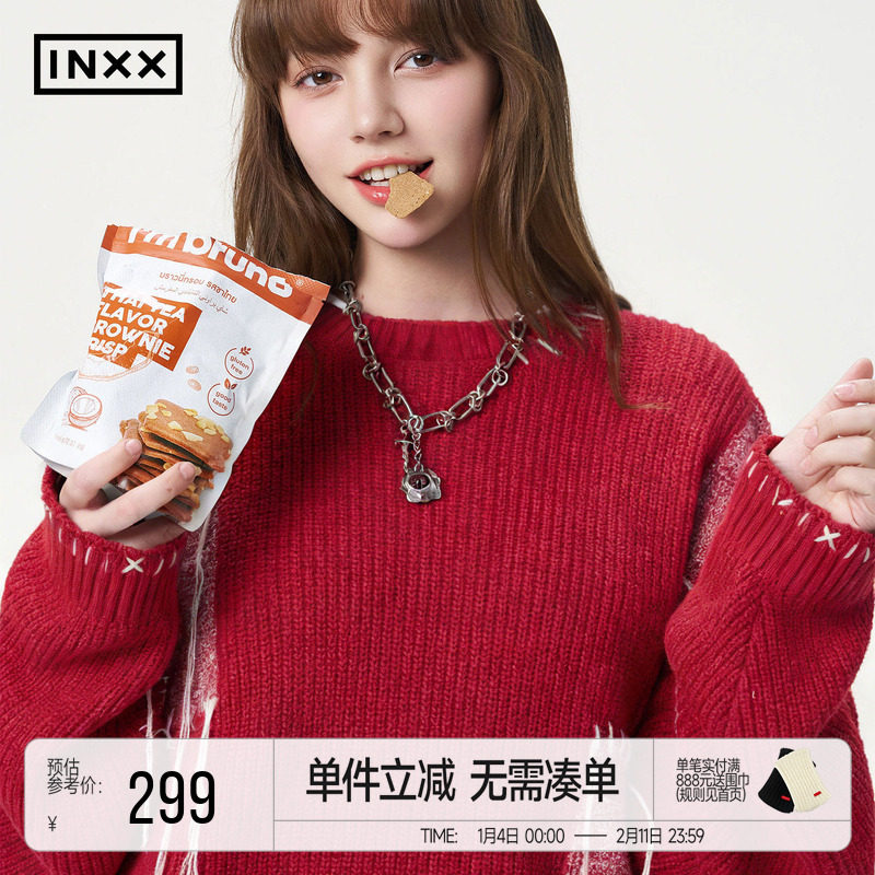 INXX美式休闲拼接针织衫男潮牌手缝线新年红色圆领毛衫上衣情侣