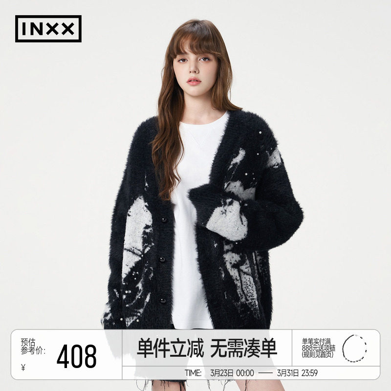 INXX仿貂毛时尚针织衫男女同款水墨爱心提花宽松V领毛衣开衫