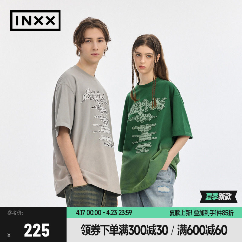 【INXX】APYD 美式街头字母贴布短袖T恤男女潮牌渐变褪色半袖上衣