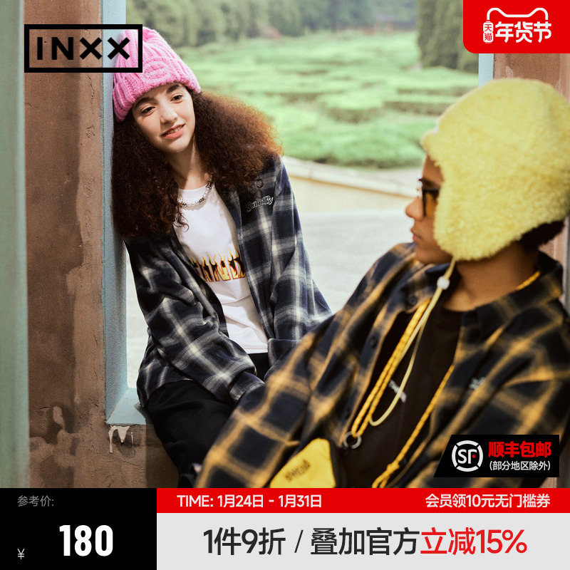 【INXX】Standby 复古做旧格子衬衫时尚宽松bf风休闲衬衣情侣同款