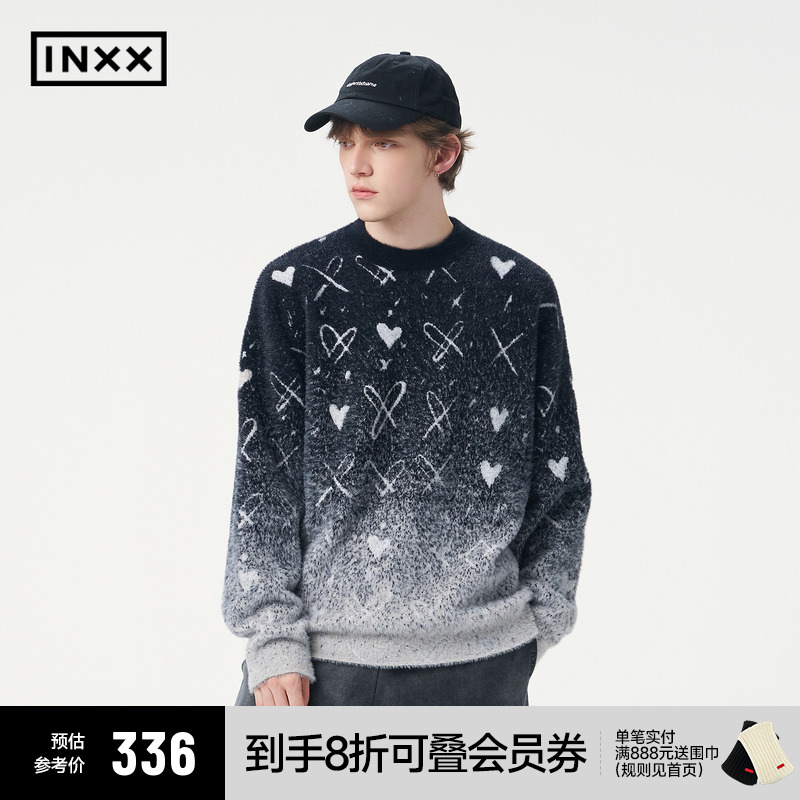 INXX仿貂毛渐变圆领针织衫时尚宽松慵懒感秋季新款情侣款毛衣