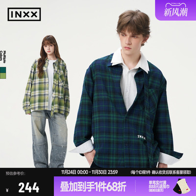 【INXX】明星同款 休闲学院风格纹长袖衬衫宽松上衣男女同款