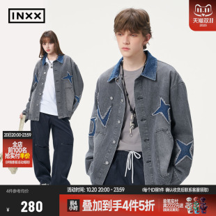 牛仔外套男女同款 街头美式 撞色拼接领口宽松夹克潮牌情侣 INXX