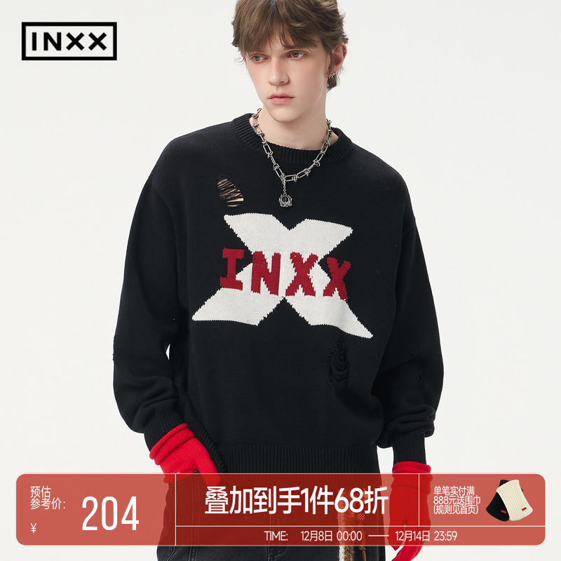 INXX潮牌手绘字母图案针织衫男破洞设计圆领套头毛衣女情侣