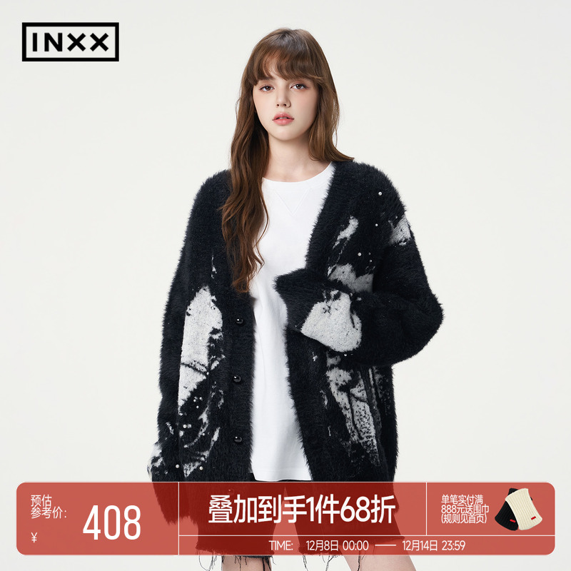 INXX仿貂毛时尚针织衫男女同款水墨爱心提花宽松V领毛衣开衫