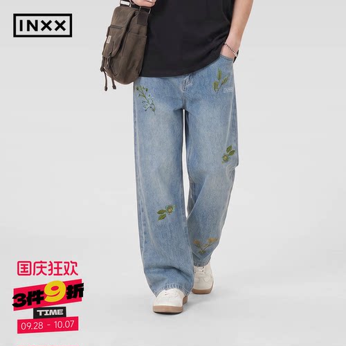 INXX复古水洗蓝色牛仔裤男品牌logo设计长裤夏季宽松阔腿裤子女