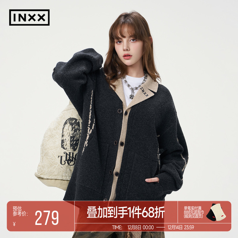 INXX美式复古针织衫男女同款撞色假两件翻领设计开衫毛衣情侣