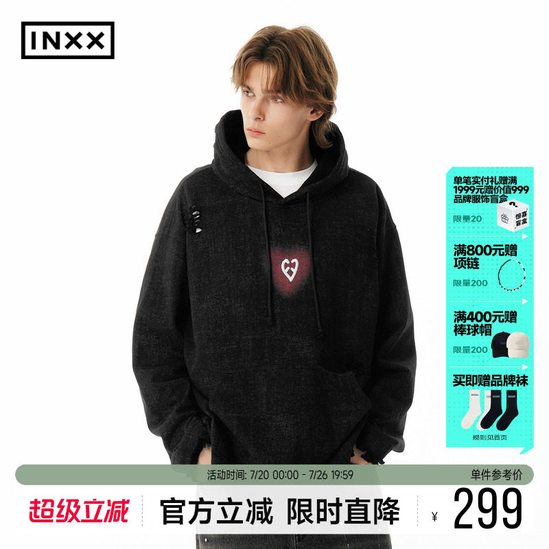 INXXAPYD 简约重磅连帽卫衣男黑色剪破下摆套头帽衫女潮牌