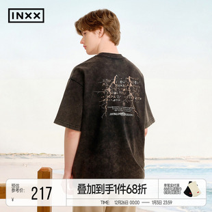 复古圆领T恤男女同款 INXX斑驳感甲骨文印花短袖 上衣潮牌个性