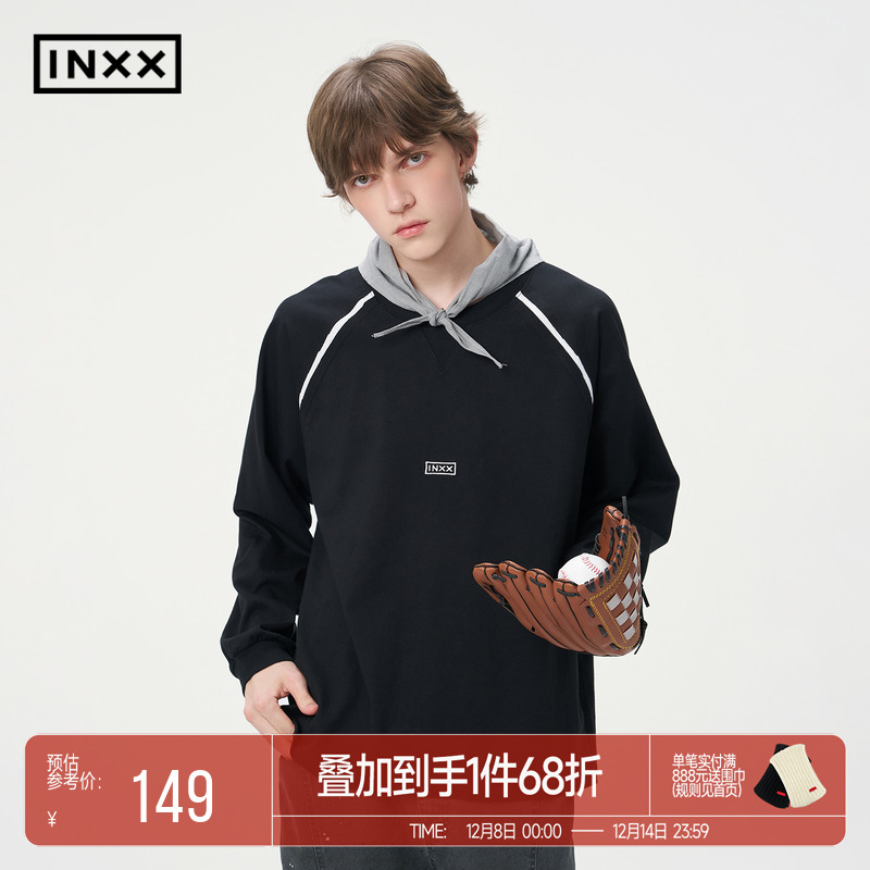 INXX潮牌字母刺绣长袖T恤撞色插肩袖拼布上衣基础款宽松打底