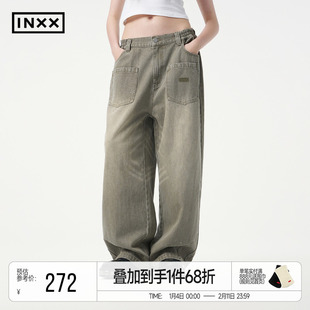 INXX喷码熘褪色洗水牛仔长裤男女复古做旧弯刀裤宽松阔腿裤