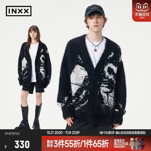男女同款 针织衫 仿貂毛时尚 水墨爱心提花宽松V领毛衣开衫 INXX