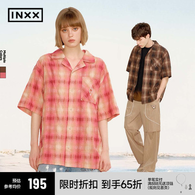 明星同款 INXX复古拼色剪花格纹衬衫男潮毛边设计感小众衬衣情侣