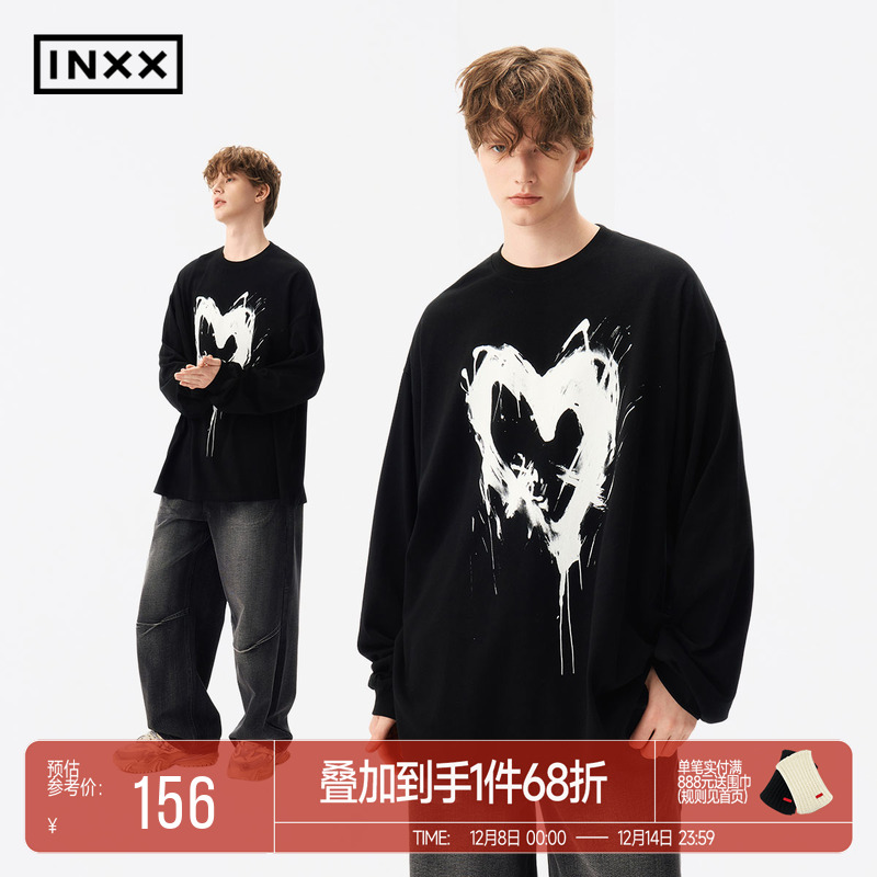 颜安同款 INXX水墨爱心印花长袖T恤男宽松美式中性风休闲上衣女潮