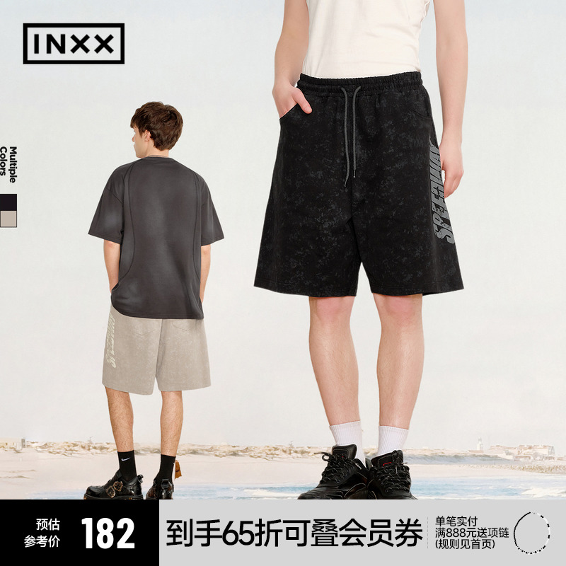 【INXX】复古校园感仿炒色短裤男字母印花宽松休闲直筒五分裤女