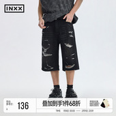 INXXAPYD 情侣潮 五分裤 街头做旧破洞牛仔短裤 男宽松直筒美式