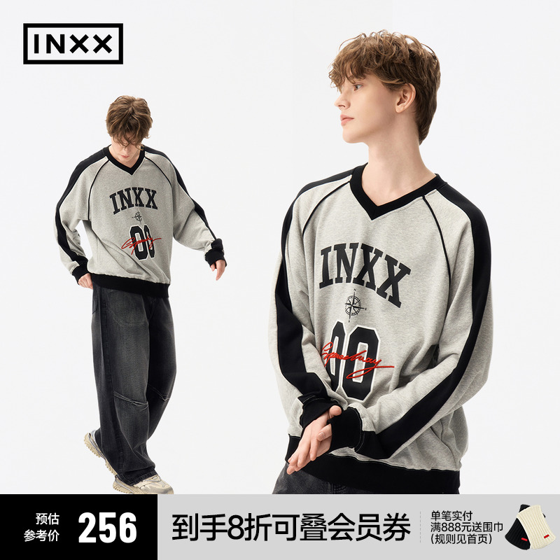 INXX美式运动风套头卫衣男撞色印花小众街头感长袖上衣情侣