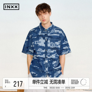 宽松休闲外套 衬衣男汽车图案牛仔衬衫 明星同款 INXX时髦街头短袖