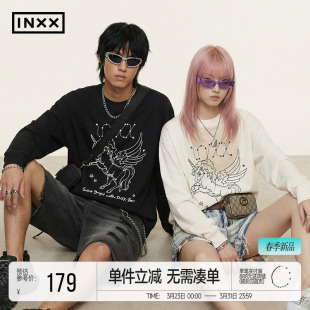 潮 男女同款 INXX趣味印花马年长袖 T恤休闲宽松纯棉圆领上衣春季