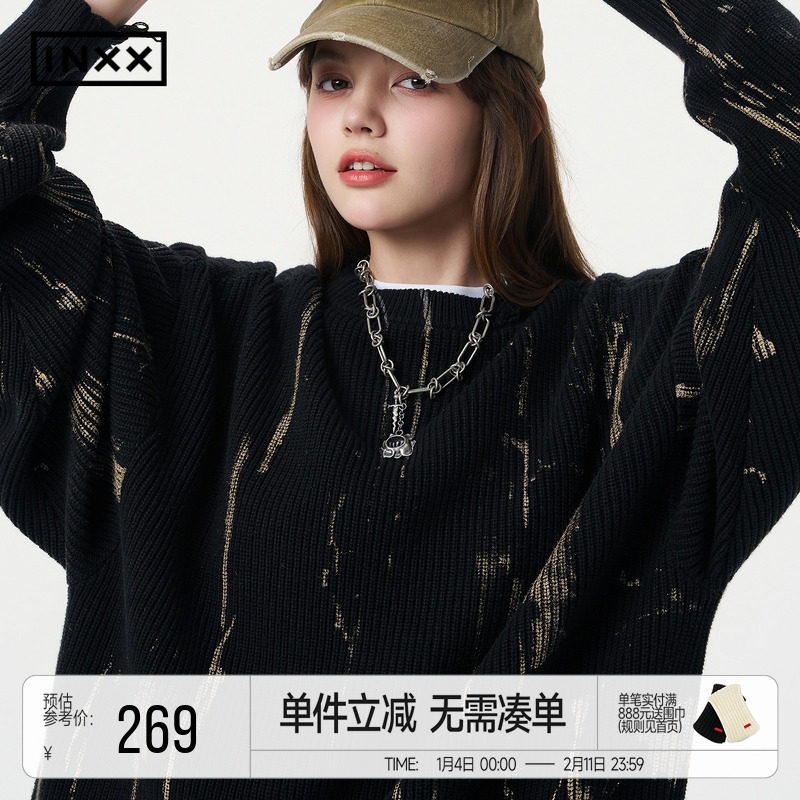 INXX街头感复古刷金针织衫下摆破洞慵懒潮流风毛衣男女同款