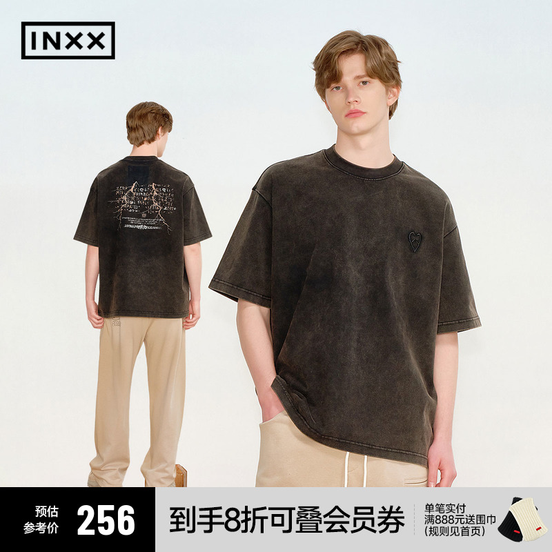 INXX斑驳感甲骨文印花短袖上衣潮牌个性复古圆领T恤男女同款