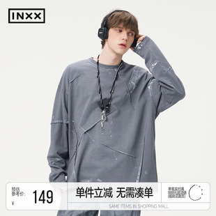 明星同款 INXX手工刷色甩点长袖T恤男潮牌个性字母包针绣上衣情侣