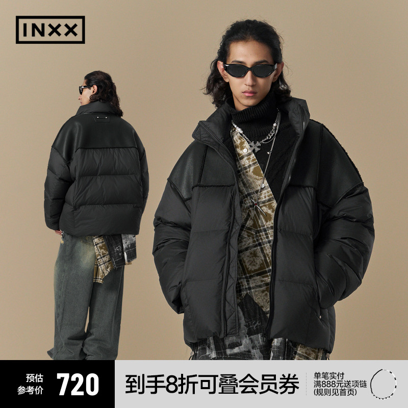 【INXX】美式复古PU皮拼接羽绒服男女同款白鸭绒宽松时尚保暖外套
