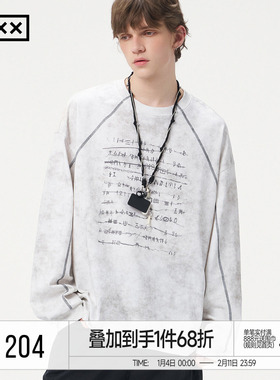 INXX复古仿蜡染长袖T恤男女甲骨文元素印花插肩袖上衣情侣装