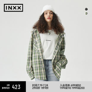 【INXX】スタンバイレトロカジュアルチェック柄シャツレディースファッションフード付きシャツジャケット男女同スタイル