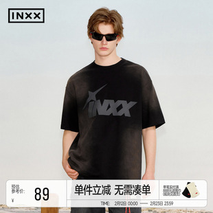 明星同款 INXX喷马骝褪色水洗做旧短袖T恤男撞色logo印花五分袖女