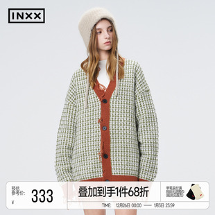 INXX潮流复古街头感针织开衫 撞色格纹设计感毛衣外套 男女同款