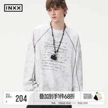 INXX复古仿蜡染长袖T恤男女甲骨文元素印花插肩袖上衣情侣装