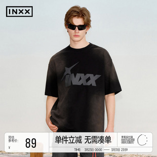 女 T恤男撞色logo印花五分袖 明星同款 INXX喷马骝褪色水洗做旧短袖