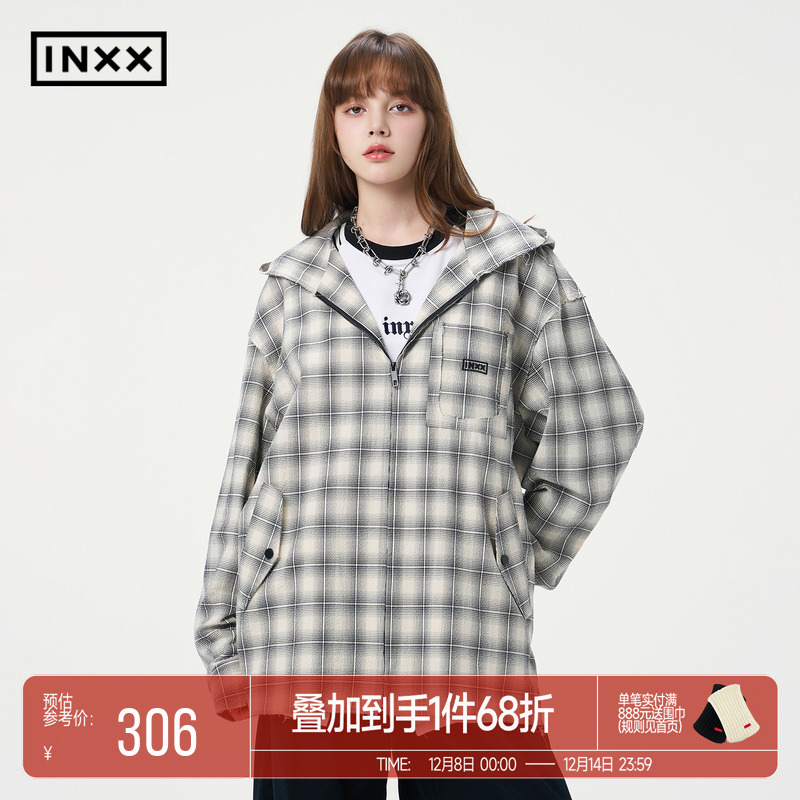 明星同款 INXX复古做旧格纹长袖衬衫连帽拉链衬衣外套男女同款