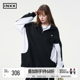 INXX复古校园感polo领套头卫衣男黑白撞色翻领上衣女情侣装