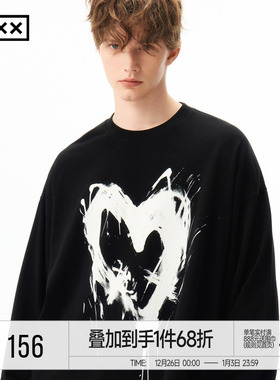 颜安同款 INXX水墨爱心印花长袖T恤男宽松美式中性风休闲上衣女潮