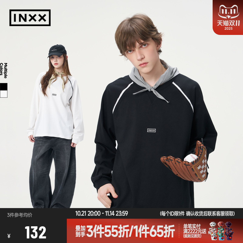【INXX】潮牌字母刺绣长袖T恤撞色插肩袖拼布上衣基础款宽松打底