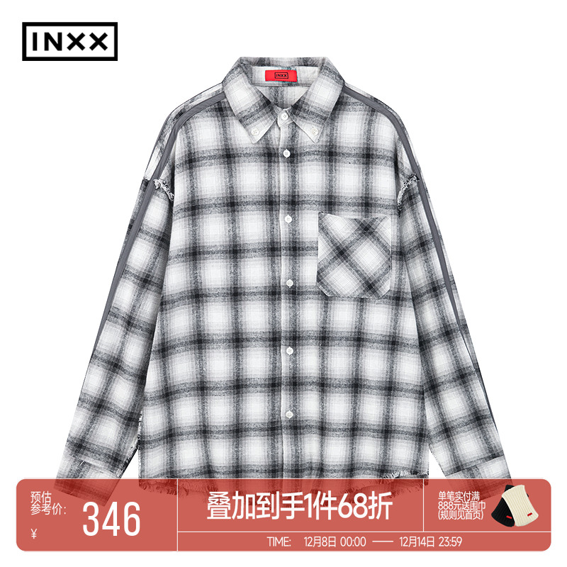 INXX美式复古撞色格子衬衫男时尚宽松bf风休闲衬衣情侣装