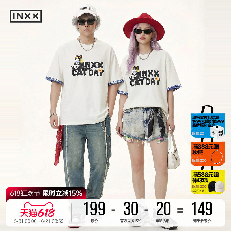 INXX假两件格纹袖口2026夏季短袖奶牛猫印花T恤宽松休闲上衣男女