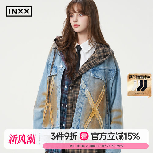 明星同款 INXX机车街头感喷染牛仔外套潮牌美式做旧宽松夹克男女