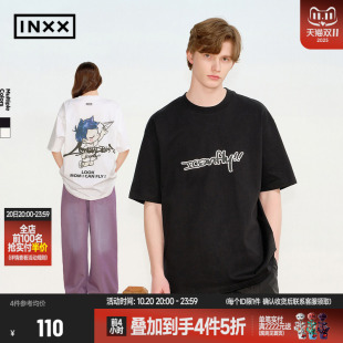 T恤双层立体印花撞色手绘图案五分袖 街头涂鸦短袖 上衣男 INXX